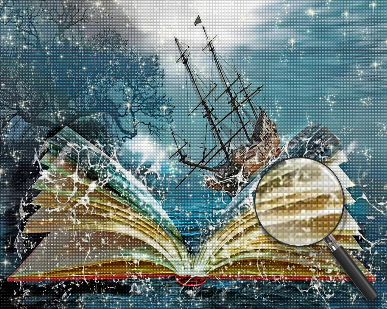 Abstraktes Buch, Meer und Schiff Diamond Painting