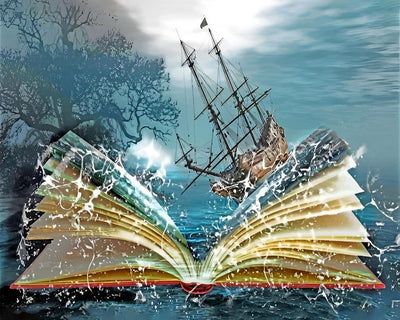 Abstraktes Buch, Meer und Schiff Diamond Painting
