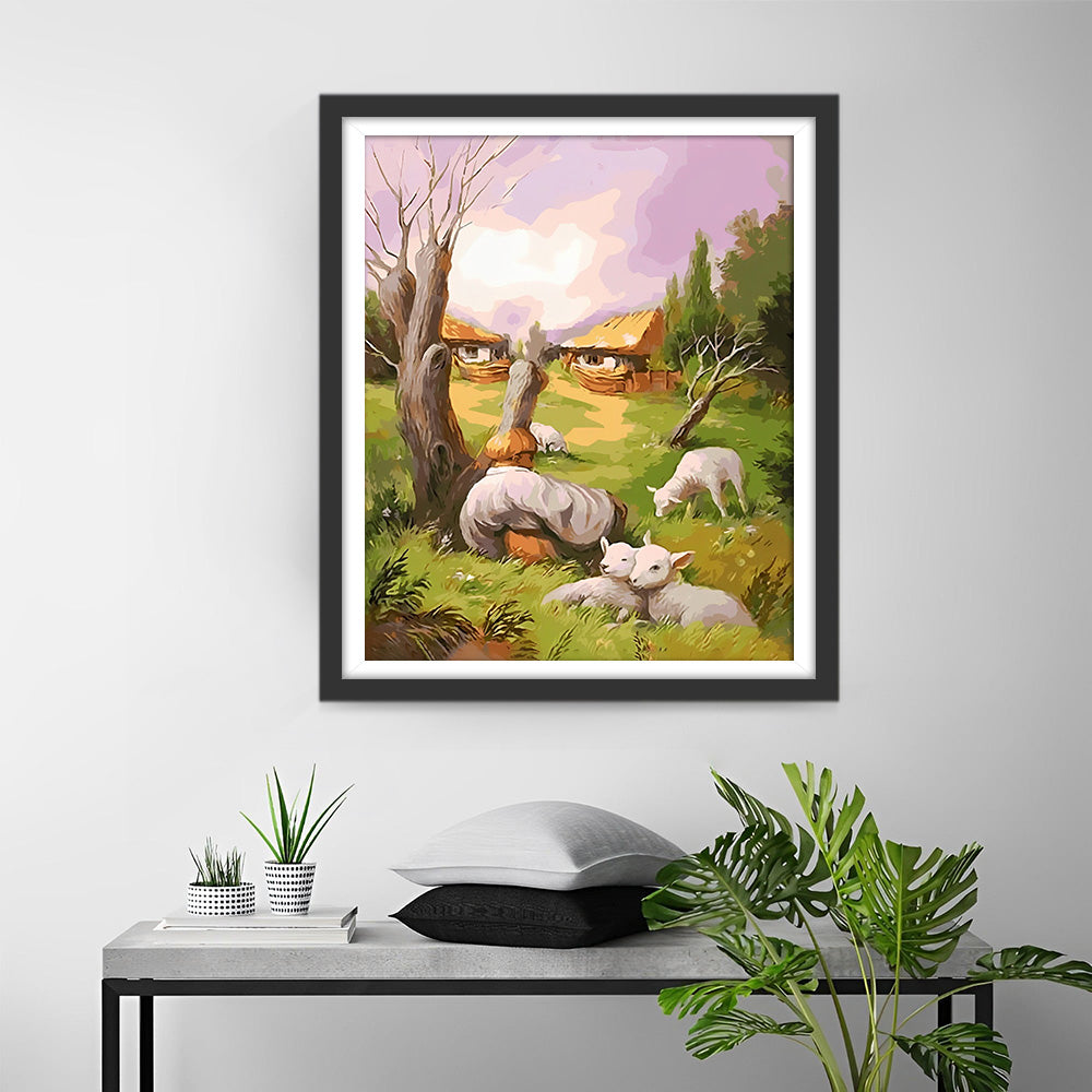 Abstraktes Gesicht, Schaf und Hütte Diamond Painting
