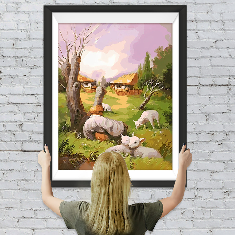 Abstraktes Gesicht, Schaf und Hütte Diamond Painting