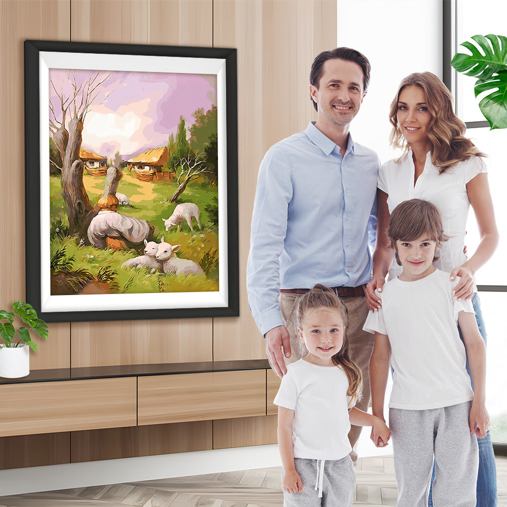 Abstraktes Gesicht, Schaf und Hütte Diamond Painting