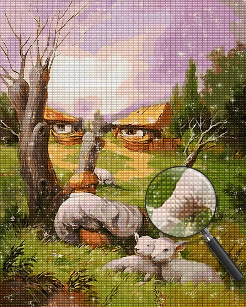 Abstraktes Gesicht, Schaf und Hütte Diamond Painting