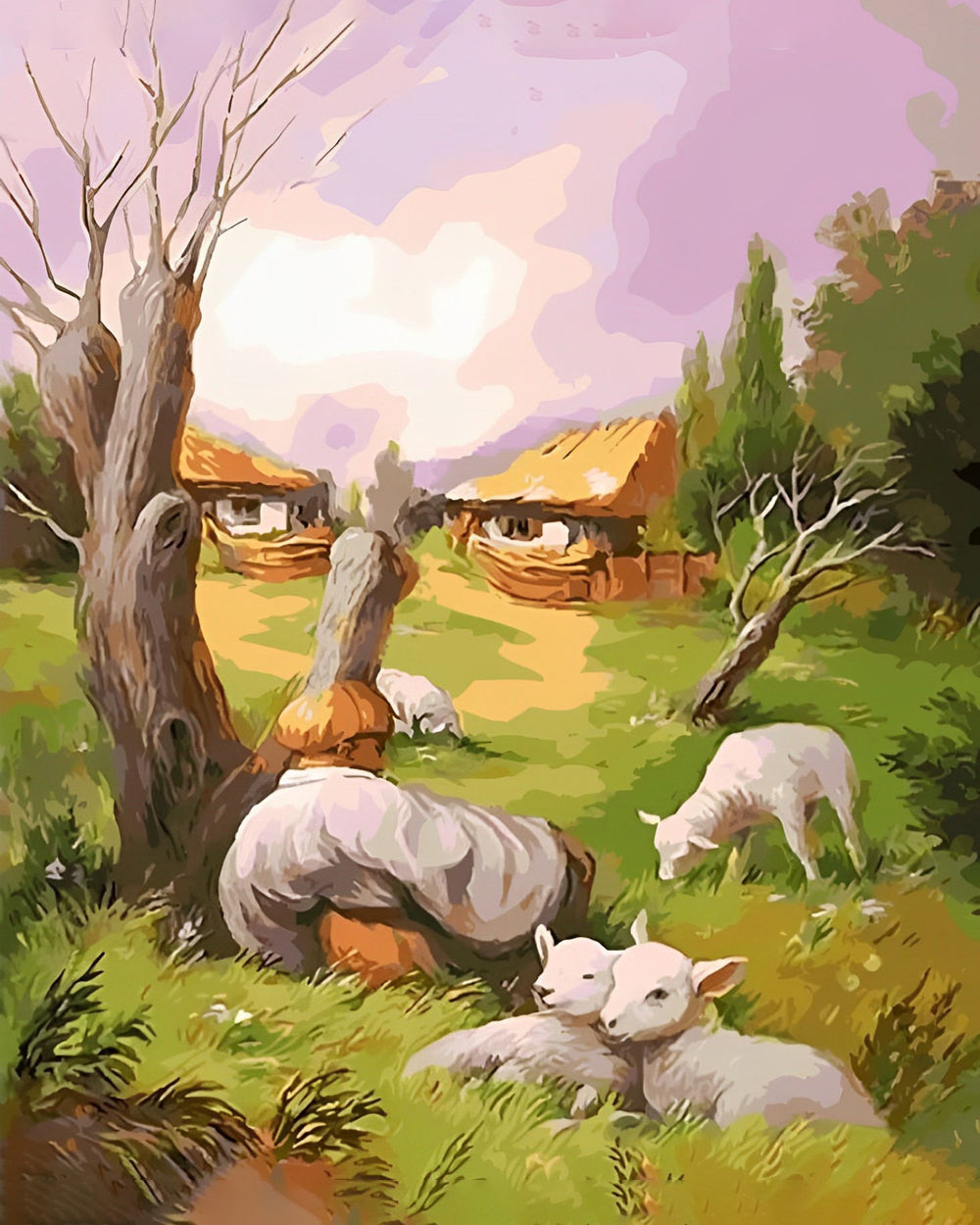 Abstraktes Gesicht, Schaf und Hütte Diamond Painting