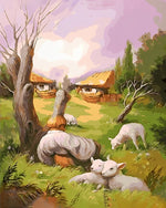 Abstraktes Gesicht, Schaf und Hütte Diamond Painting