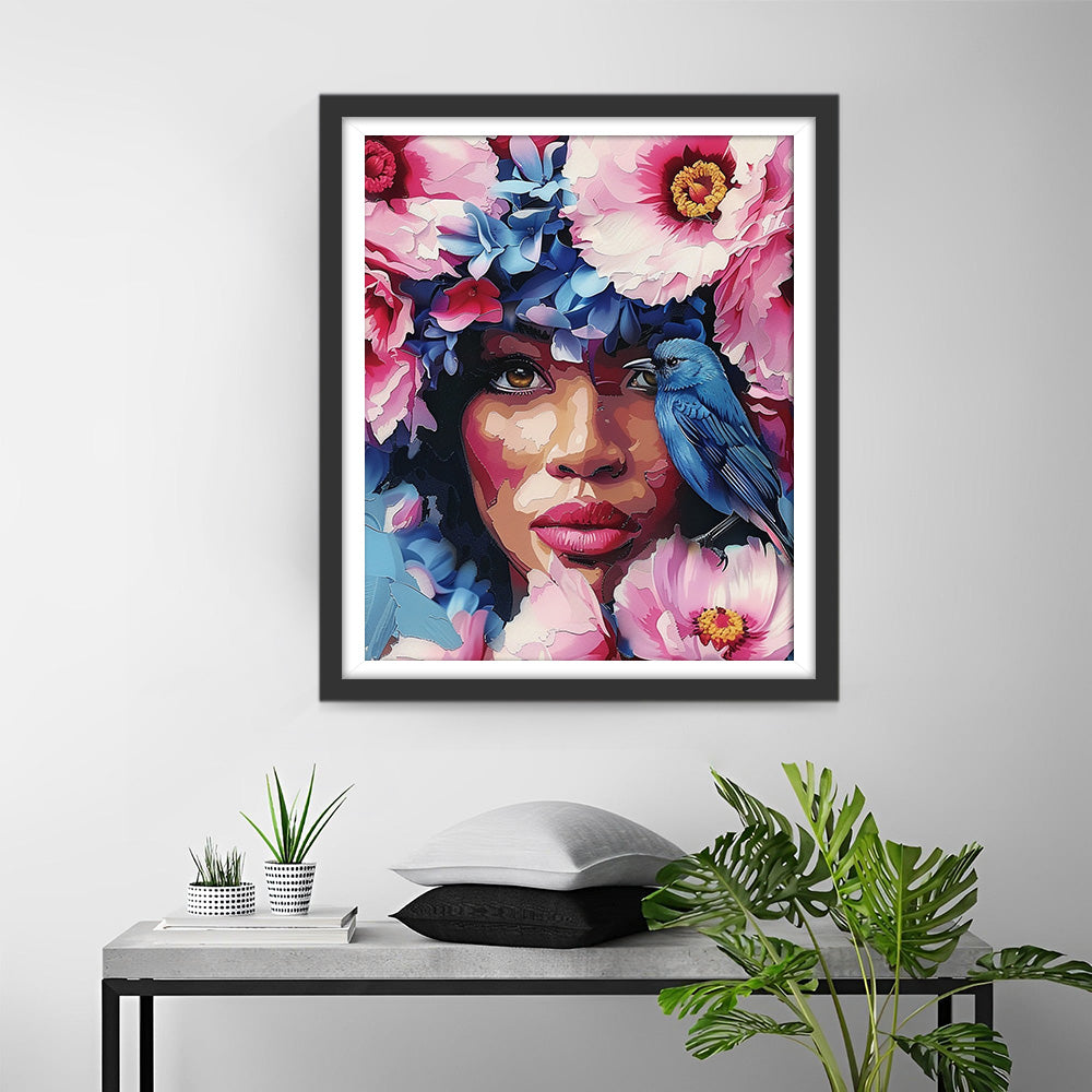 Afrikanische Frau, Blumen und blauer Vogel Diamond Painting