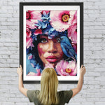 Afrikanische Frau, Blumen und blauer Vogel Diamond Painting