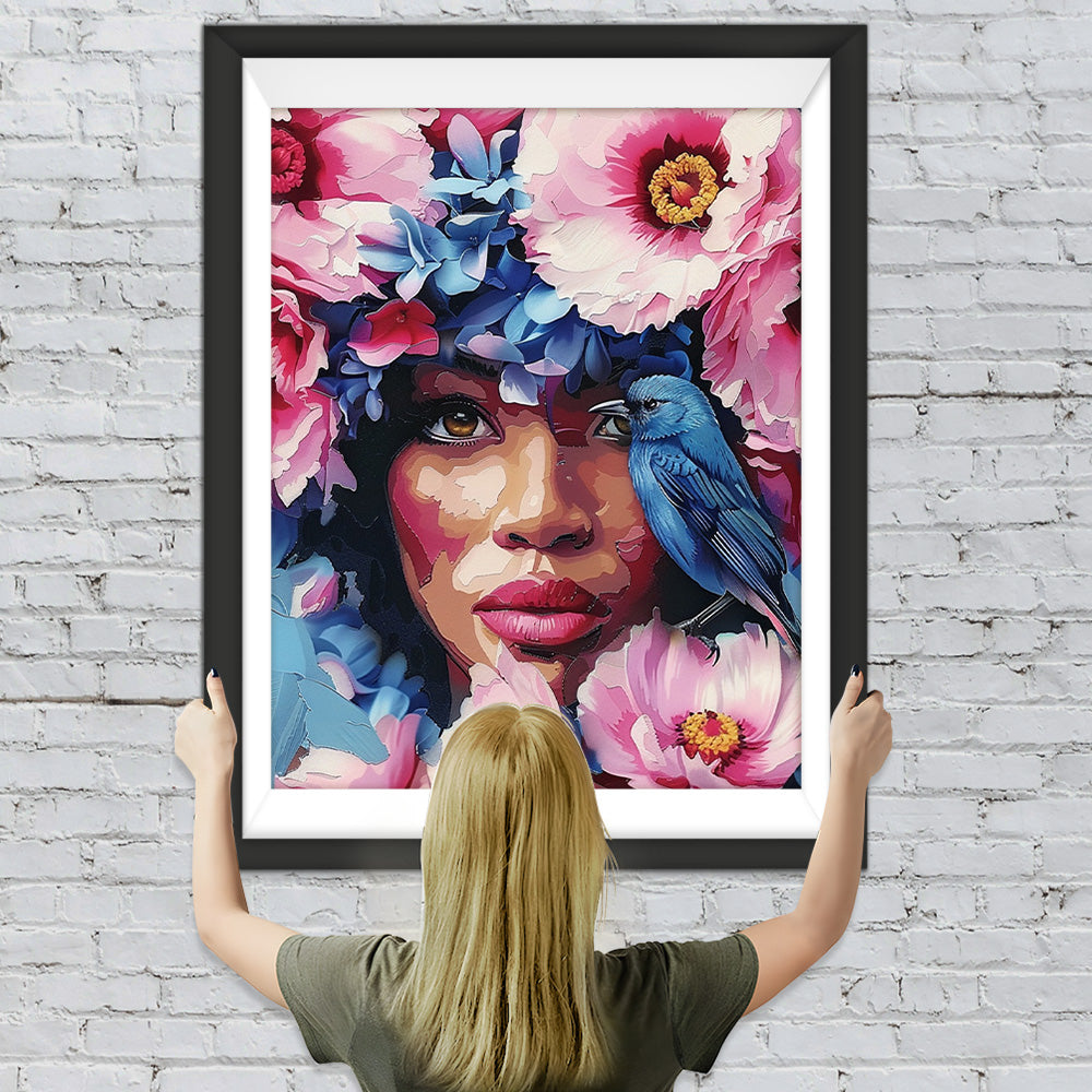 Afrikanische Frau, Blumen und blauer Vogel Diamond Painting