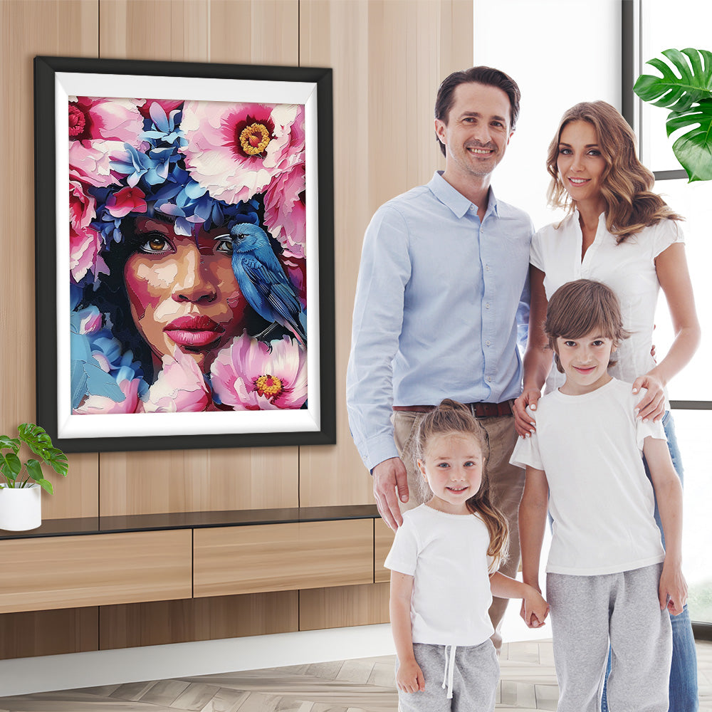 Afrikanische Frau, Blumen und blauer Vogel Diamond Painting