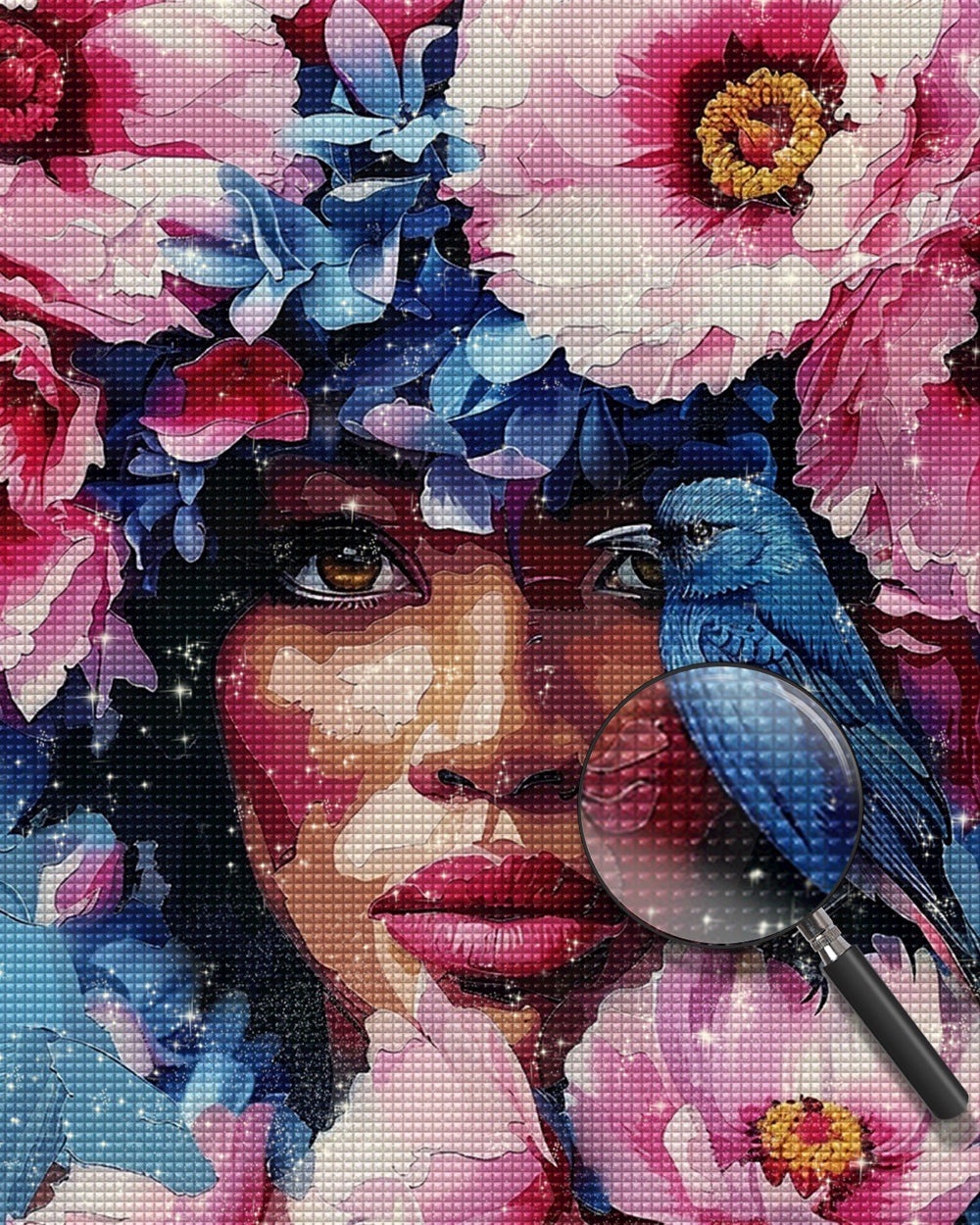Afrikanische Frau, Blumen und blauer Vogel Diamond Painting