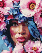 Afrikanische Frau, Blumen und blauer Vogel Diamond Painting