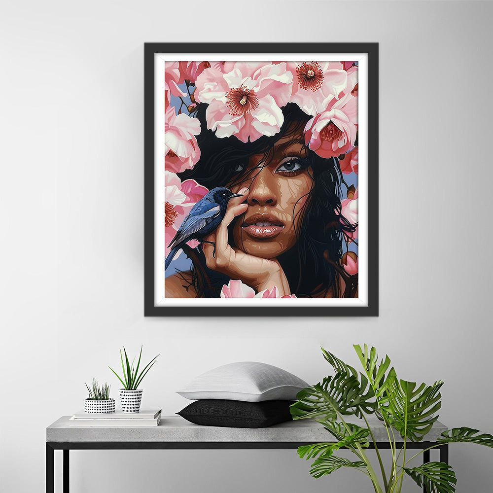Afrikanische Frau, rosa Blumen und blauer Vogel Diamond Painting