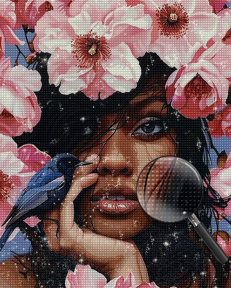 Afrikanische Frau, rosa Blumen und blauer Vogel Diamond Painting