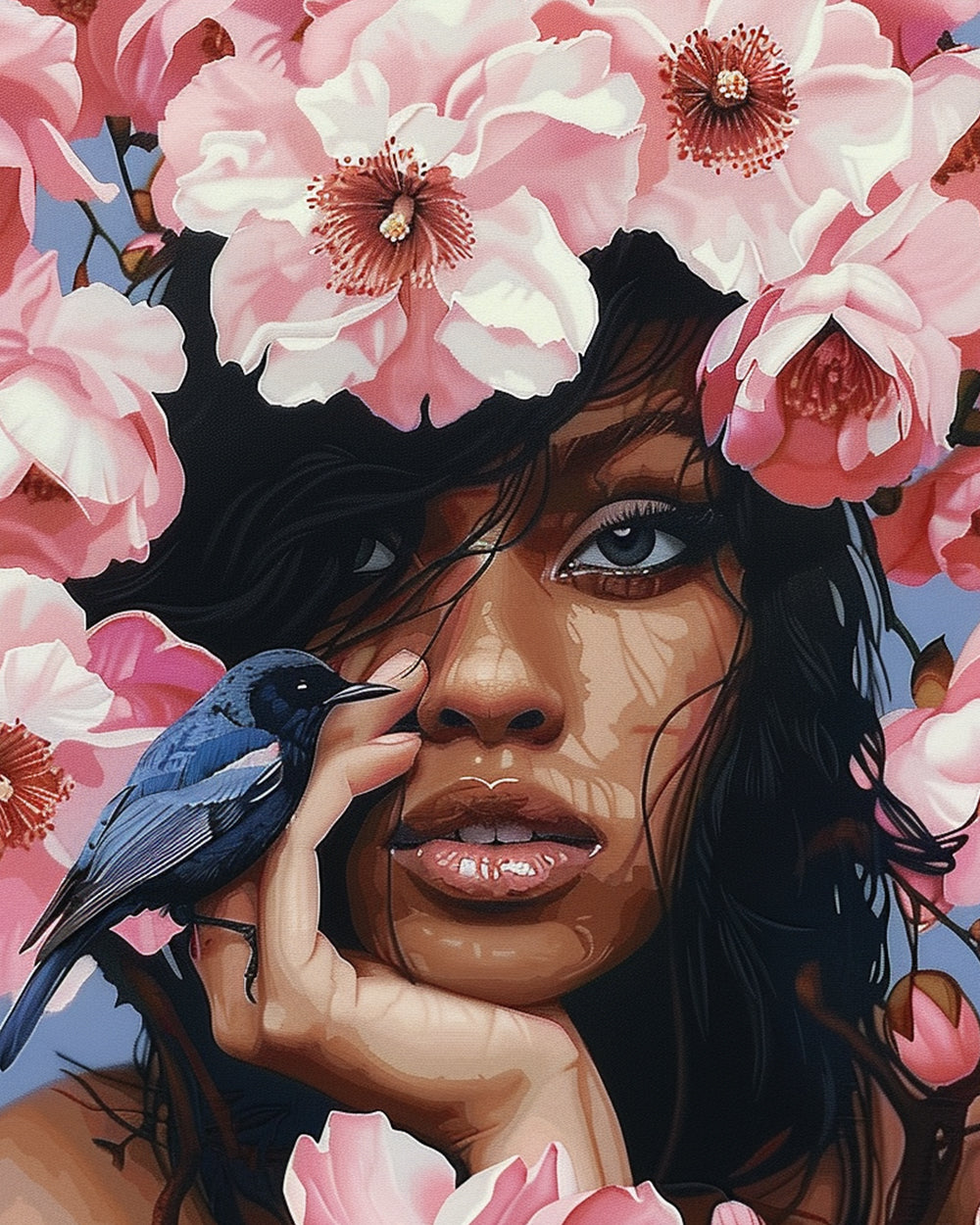 Afrikanische Frau, rosa Blumen und blauer Vogel Diamond Painting