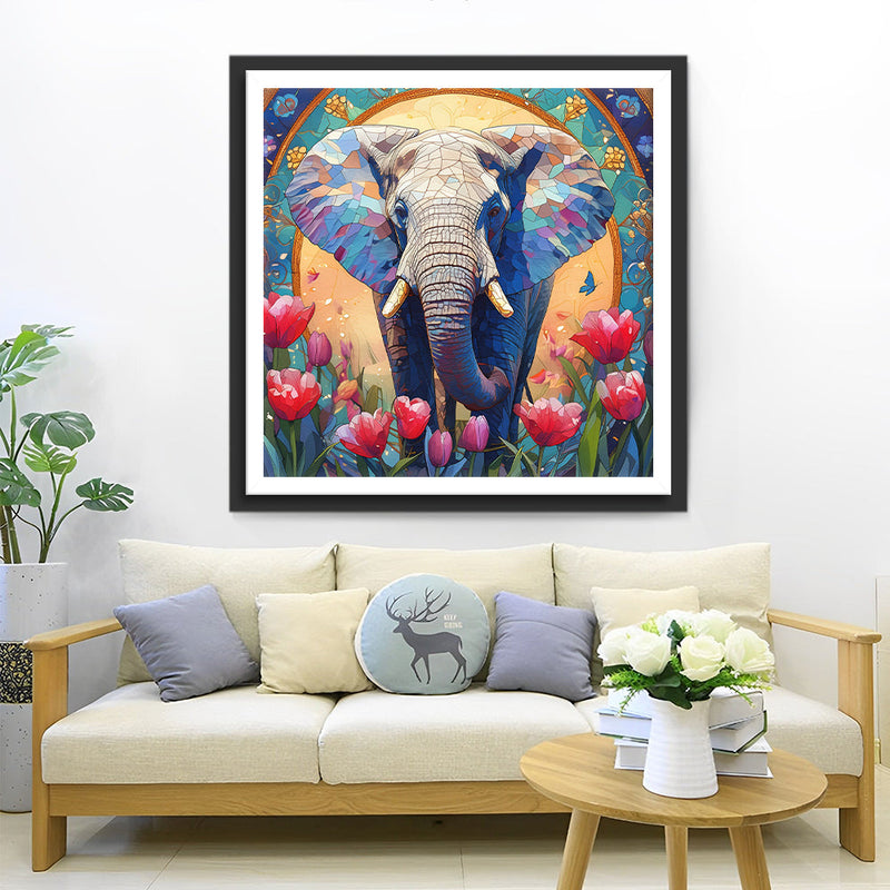 Afrikanischer Elefant und Rosa Tulpen Diamond Painting