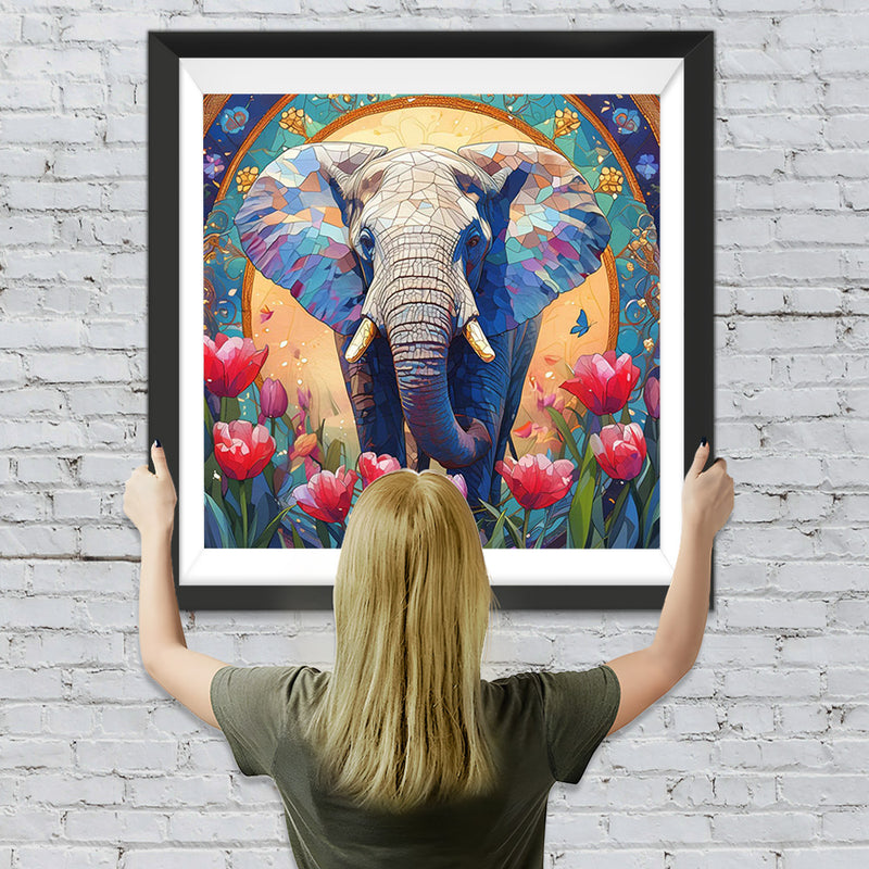 Afrikanischer Elefant und Rosa Tulpen Diamond Painting