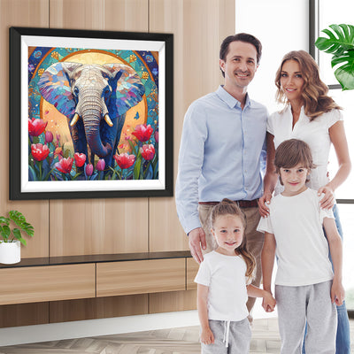 Afrikanischer Elefant und Rosa Tulpen Diamond Painting