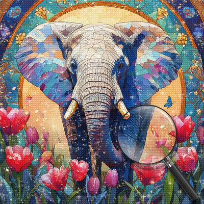 Afrikanischer Elefant und Rosa Tulpen Diamond Painting