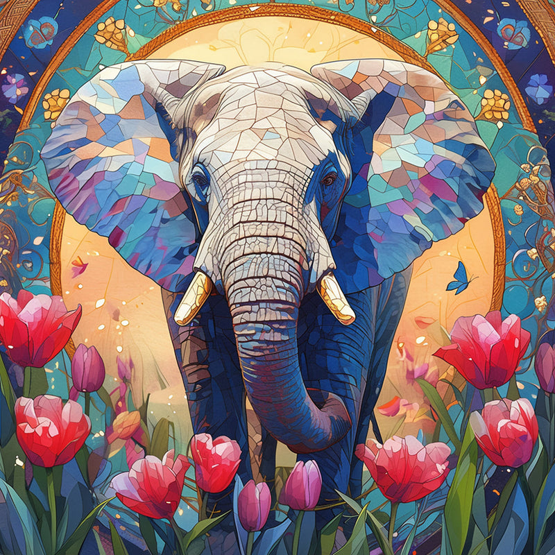 Afrikanischer Elefant und Rosa Tulpen Diamond Painting