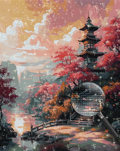 Alter Tempel und rote Ahornbäume in den Bergen Diamond Painting