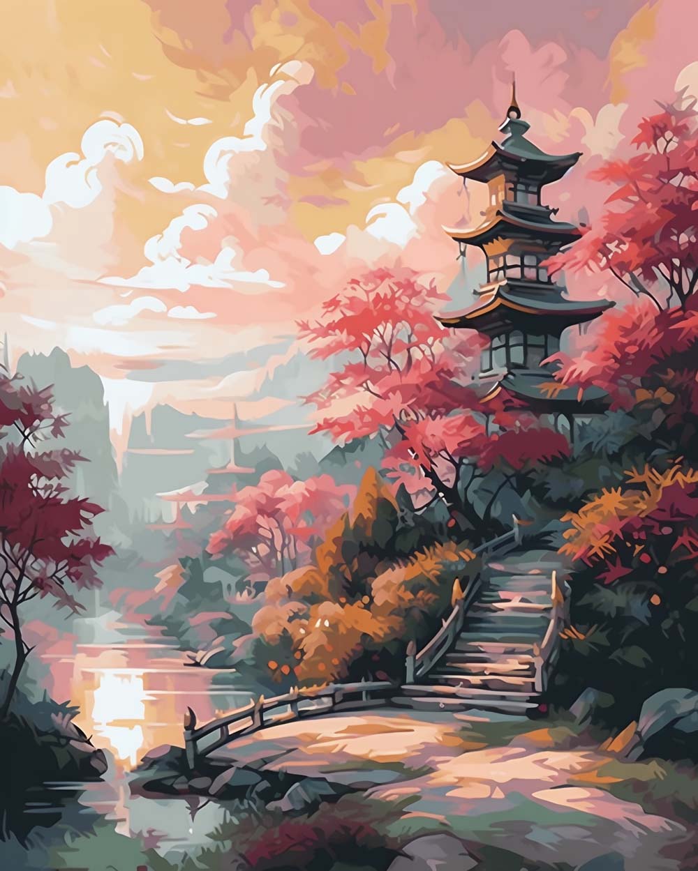 Alter Tempel und rote Ahornbäume in den Bergen Diamond Painting