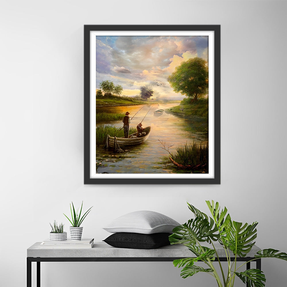 Angeln auf einem Boot im Frühling Diamond Painting