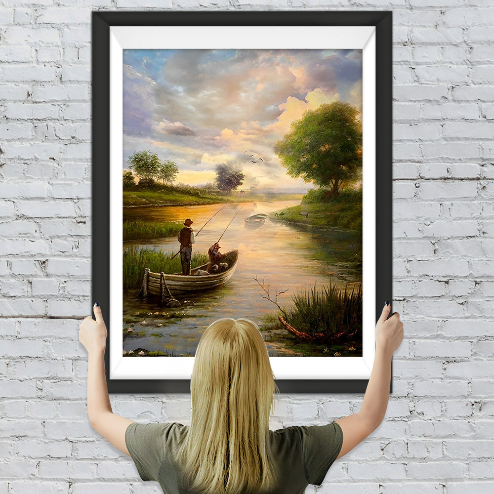 Angeln auf einem Boot im Frühling Diamond Painting