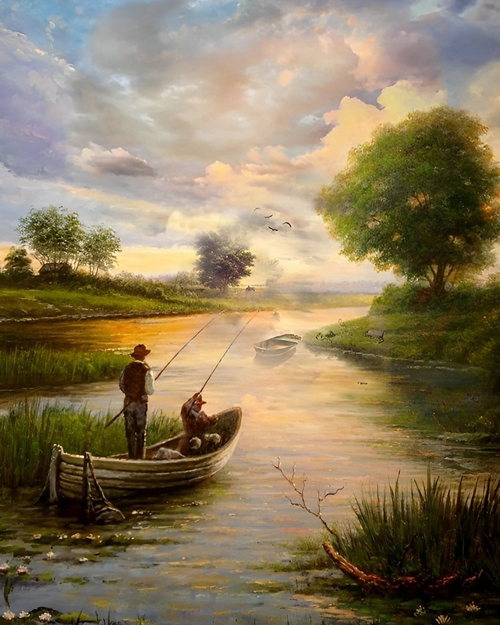 Angeln auf einem Boot im Frühling Diamond Painting