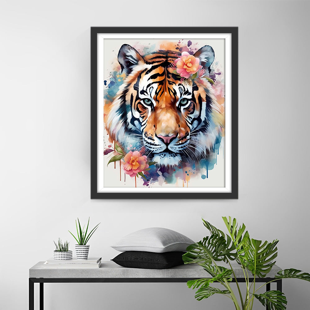 Aquarelltiger und rosa Blumen Diamond Painting