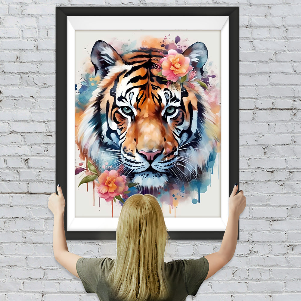 Aquarelltiger und rosa Blumen Diamond Painting