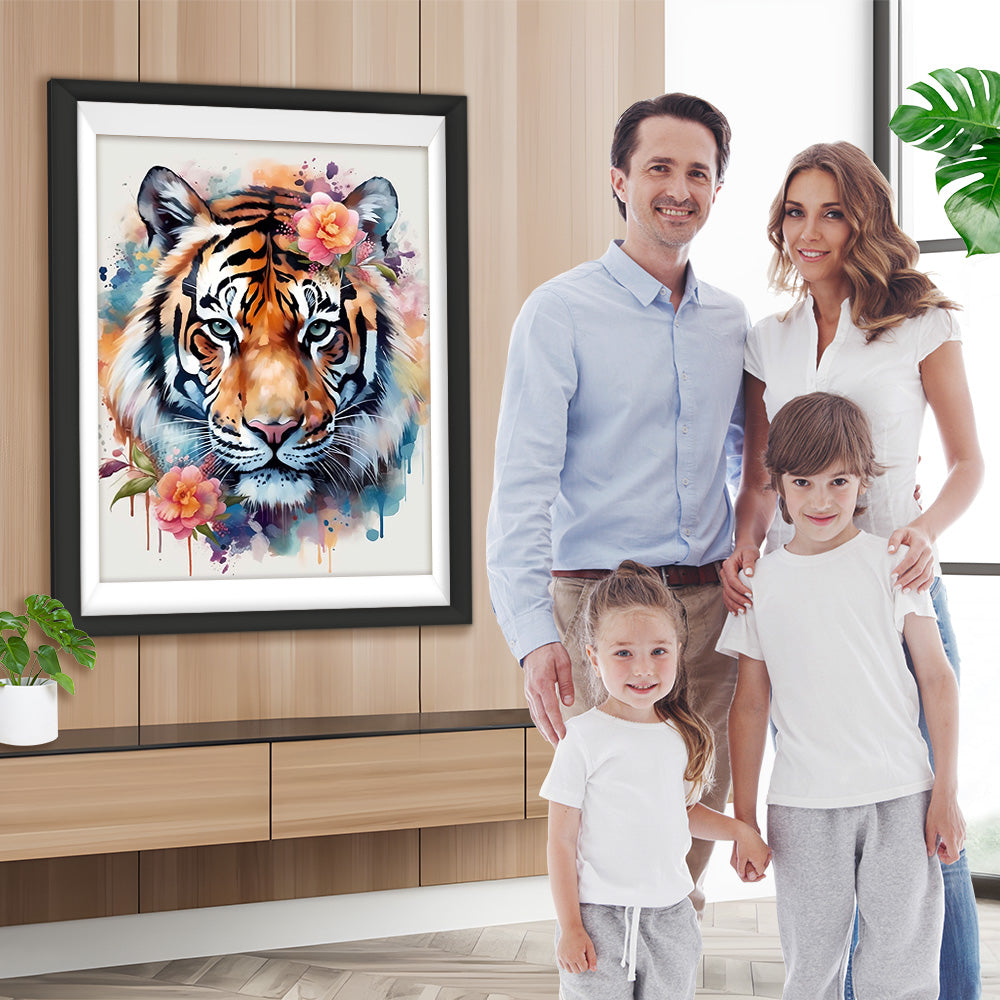 Aquarelltiger und rosa Blumen Diamond Painting