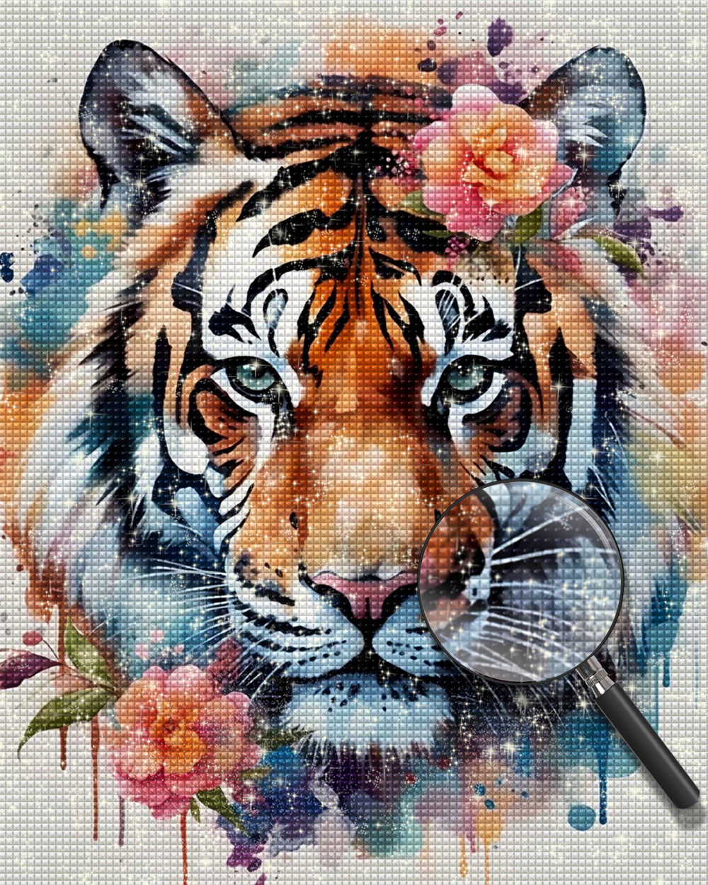 Aquarelltiger und rosa Blumen Diamond Painting