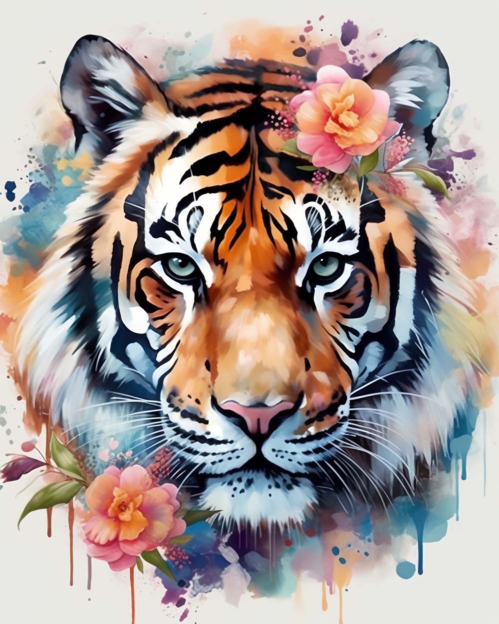 Aquarelltiger und rosa Blumen Diamond Painting