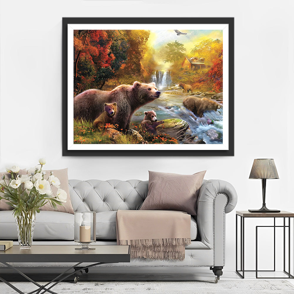 Bären am Fluss im Herbstwald Diamond Painting