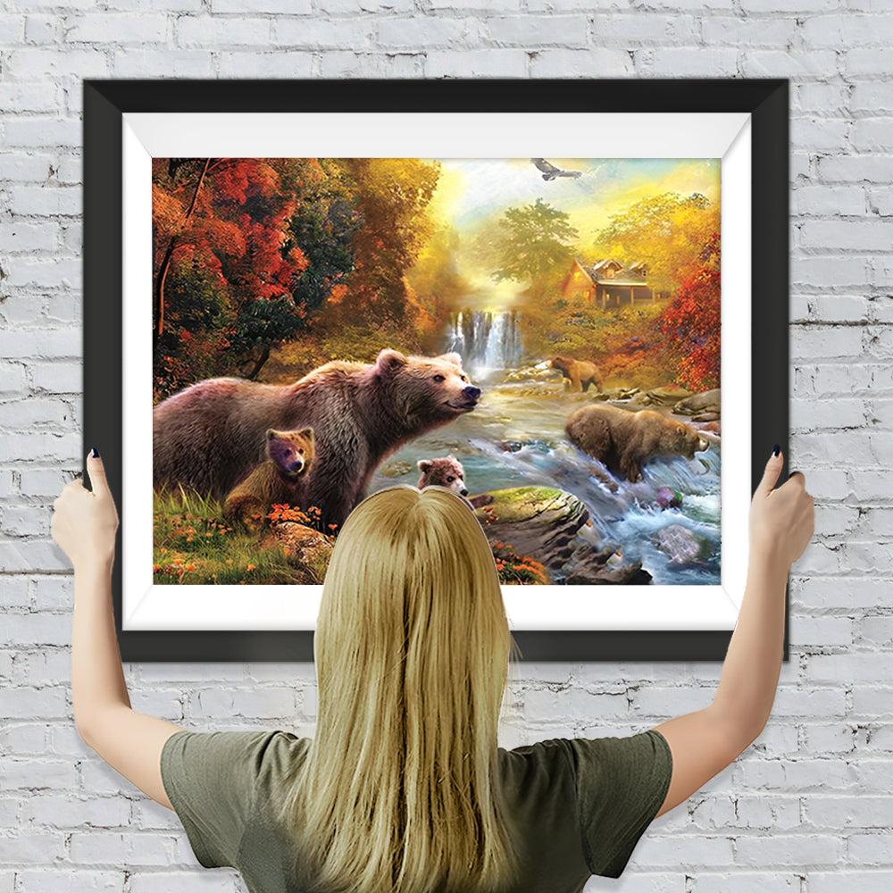 Bären am Fluss im Herbstwald Diamond Painting