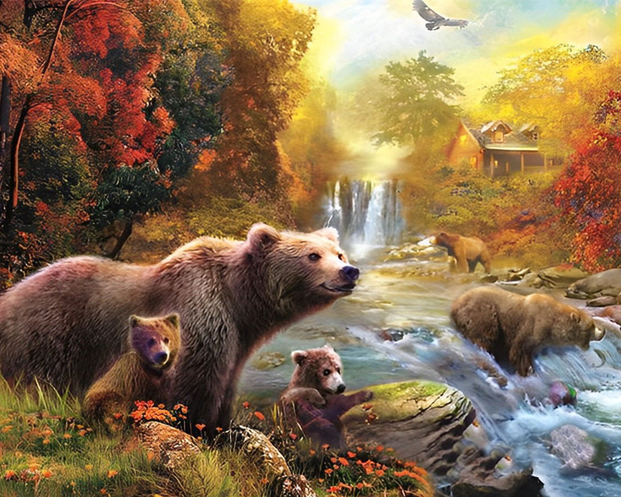 Bären am Fluss im Herbstwald Diamond Painting