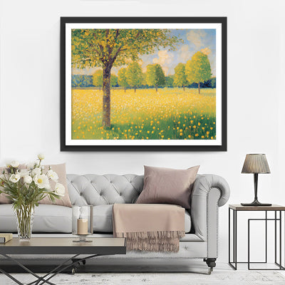 Bäume im gelben Blumenfeld Diamond Painting