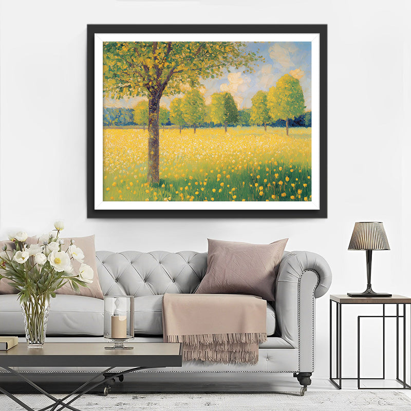 Bäume im gelben Blumenfeld Diamond Painting