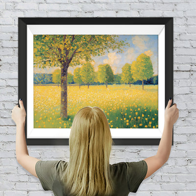 Bäume im gelben Blumenfeld Diamond Painting