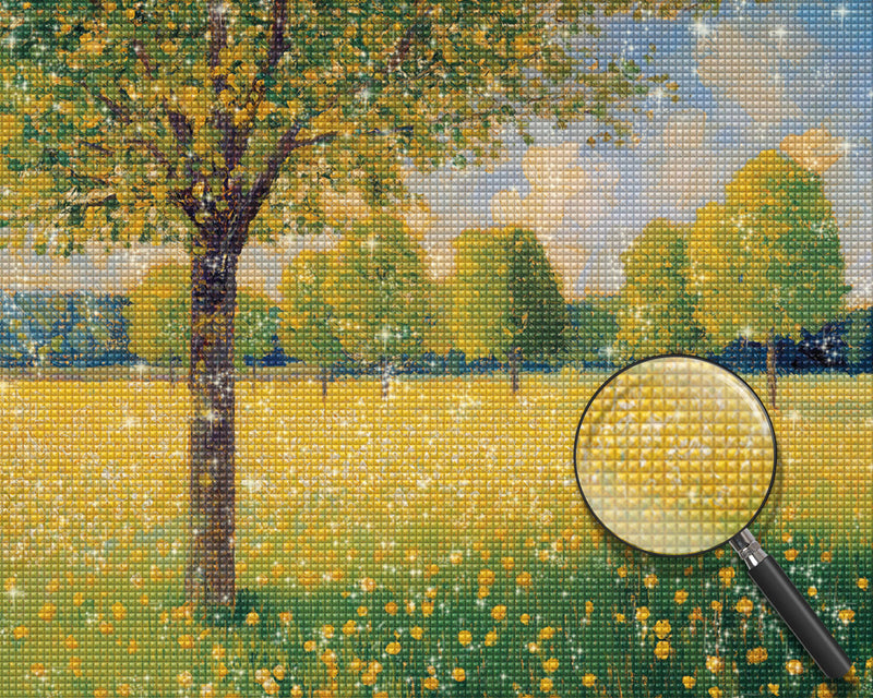 Bäume im gelben Blumenfeld Diamond Painting