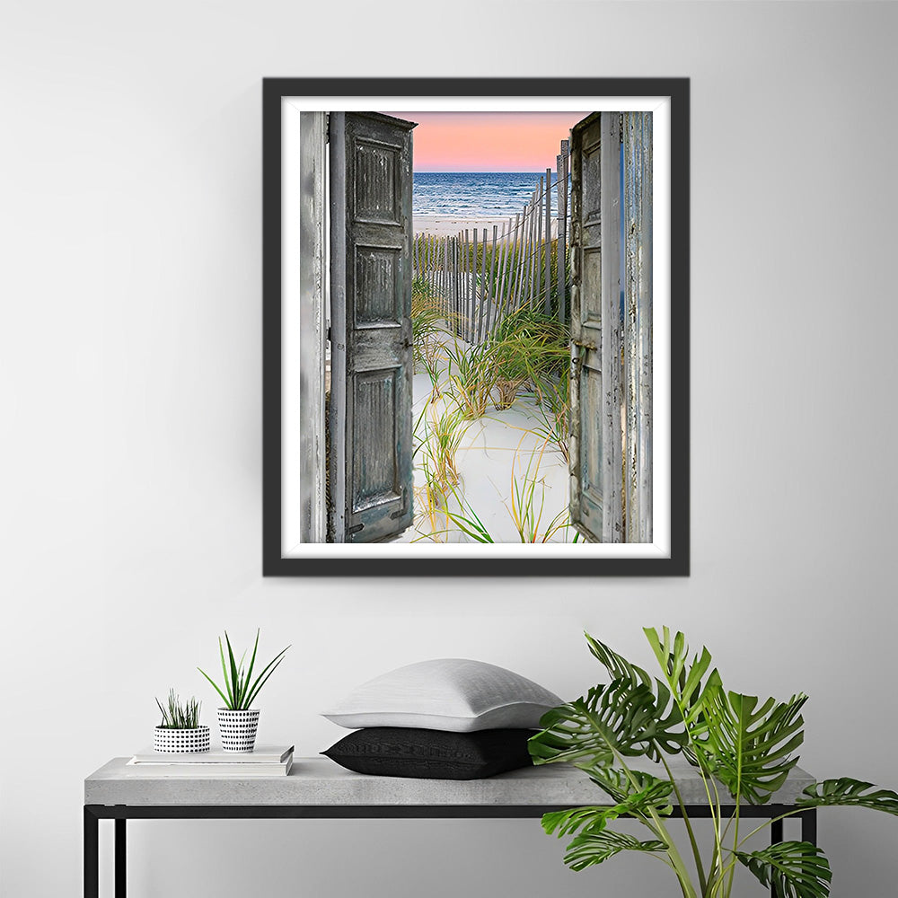 Bambuszaun, Meer und Holztür Diamond Painting