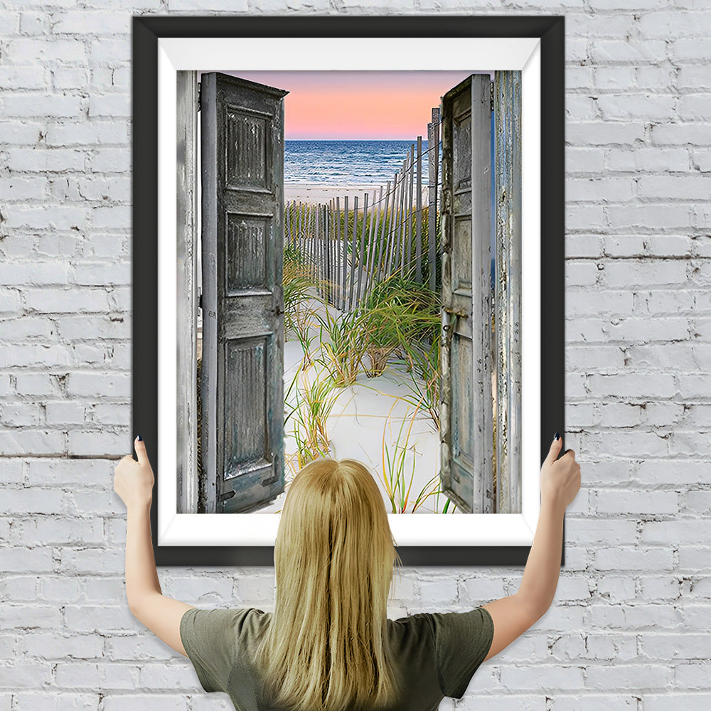 Bambuszaun, Meer und Holztür Diamond Painting