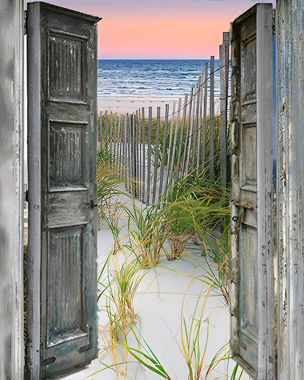 Bambuszaun, Meer und Holztür Diamond Painting