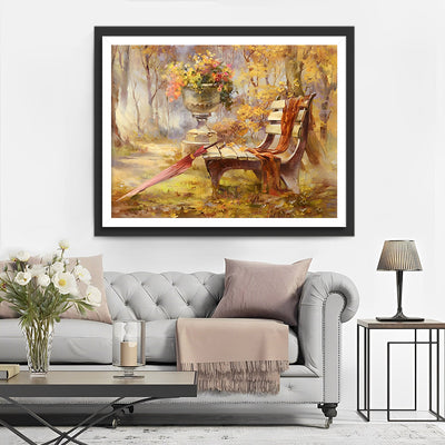 Banke und Regenschirm im Wald Diamond Painting