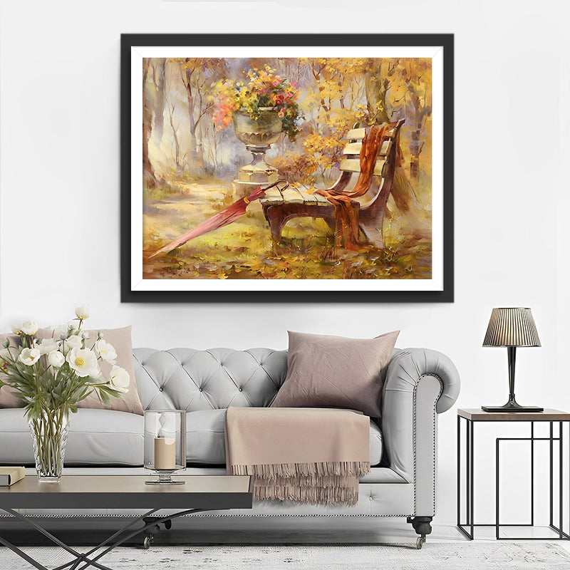 Banke und Regenschirm im Wald Diamond Painting