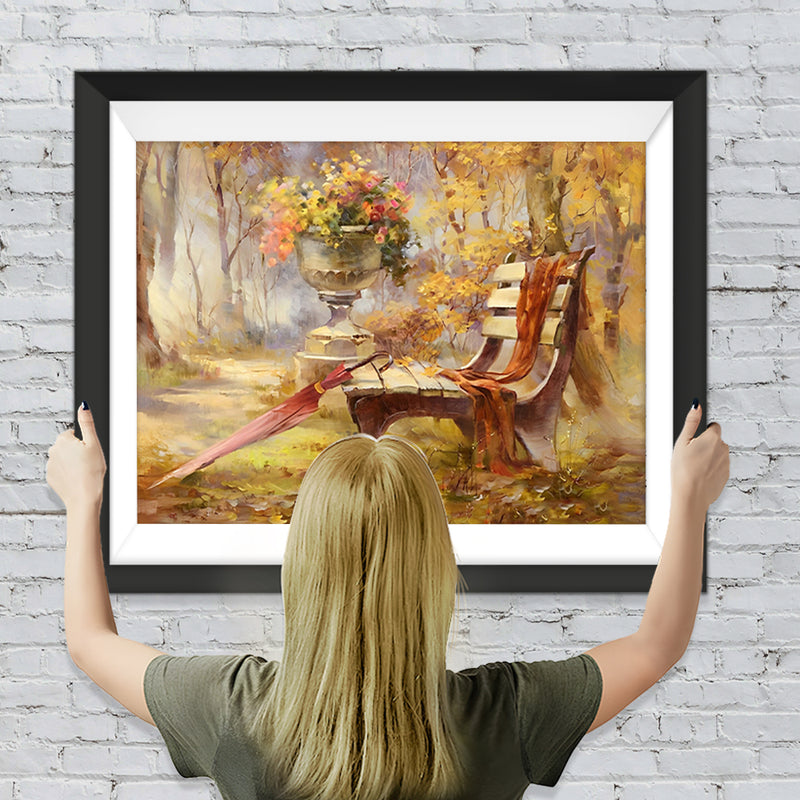 Banke und Regenschirm im Wald Diamond Painting