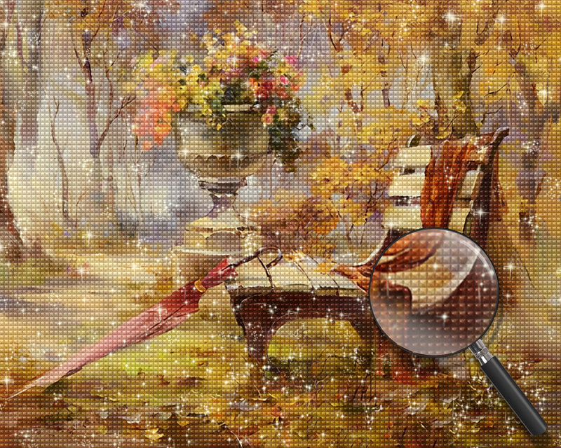 Banke und Regenschirm im Wald Diamond Painting