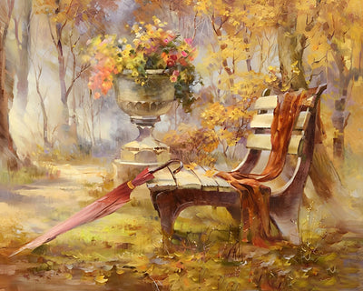 Banke und Regenschirm im Wald Diamond Painting