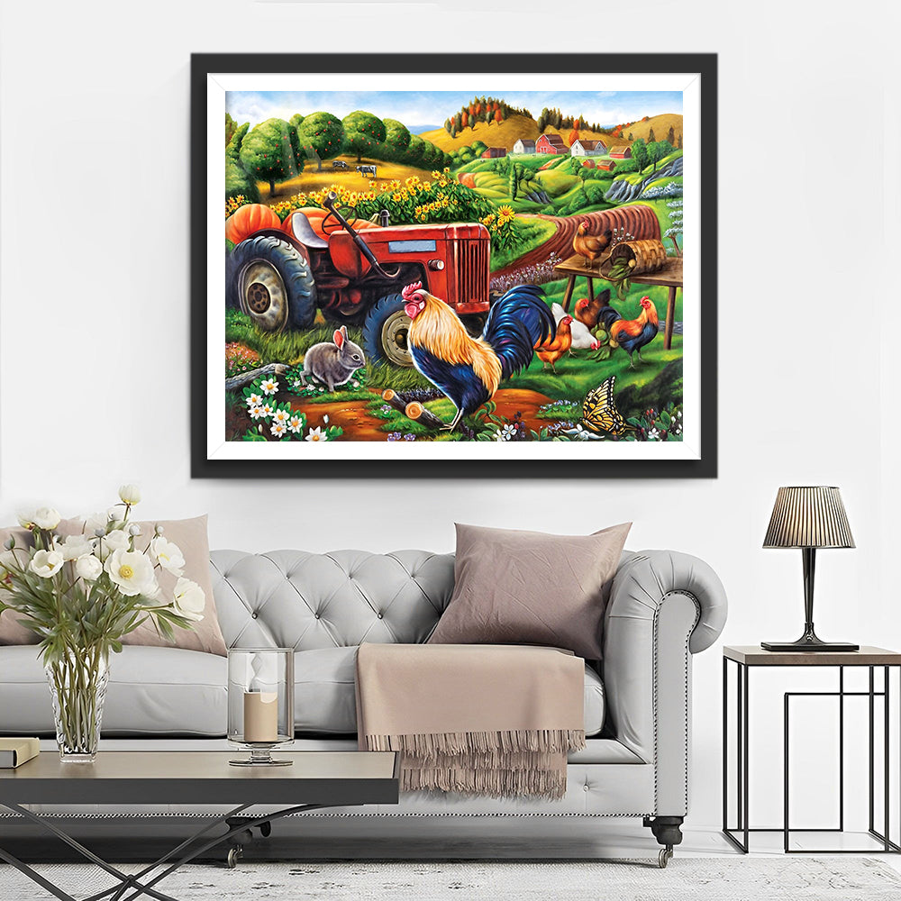 Bauerntraktor und Hahn Diamond Painting