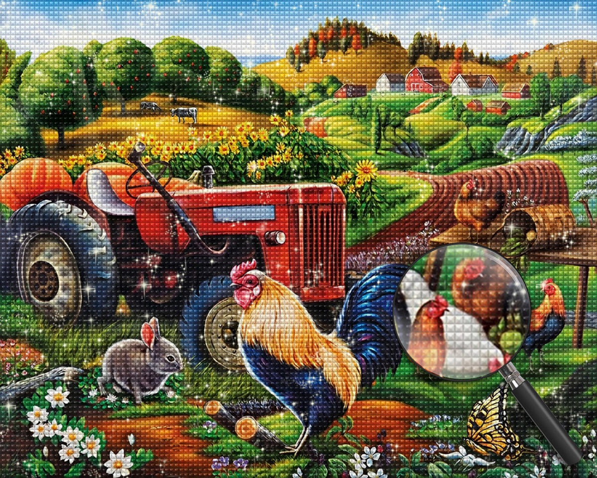 Bauerntraktor und Hahn Diamond Painting