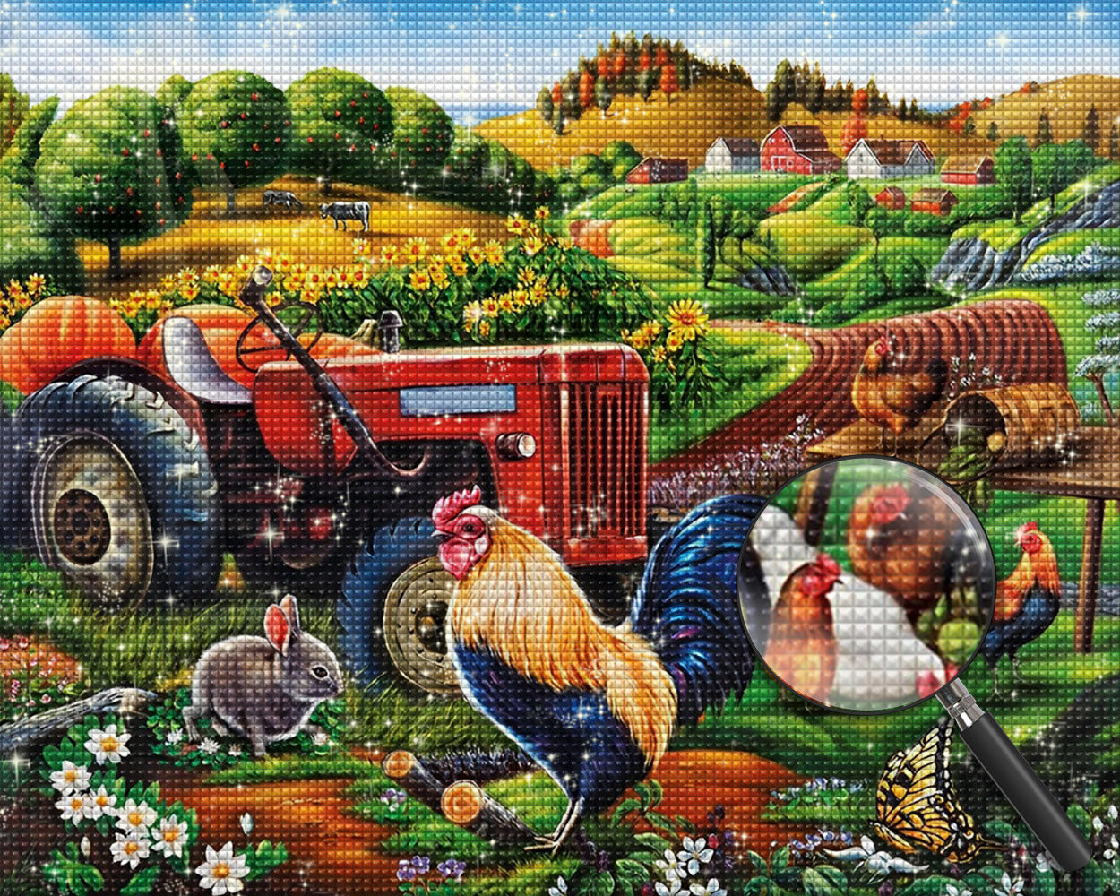 Bauerntraktor und Hahn Diamond Painting